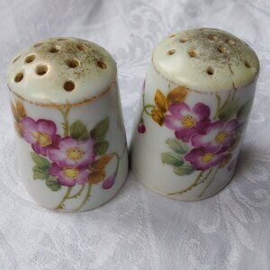 Sweet little pair of antique hand painted salt and pepper shakers purple flowers